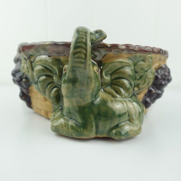 Majolica Art Pottery Elephant & Grapes Planter Glazed Planter Pot Bowl - Picture 9 of 14